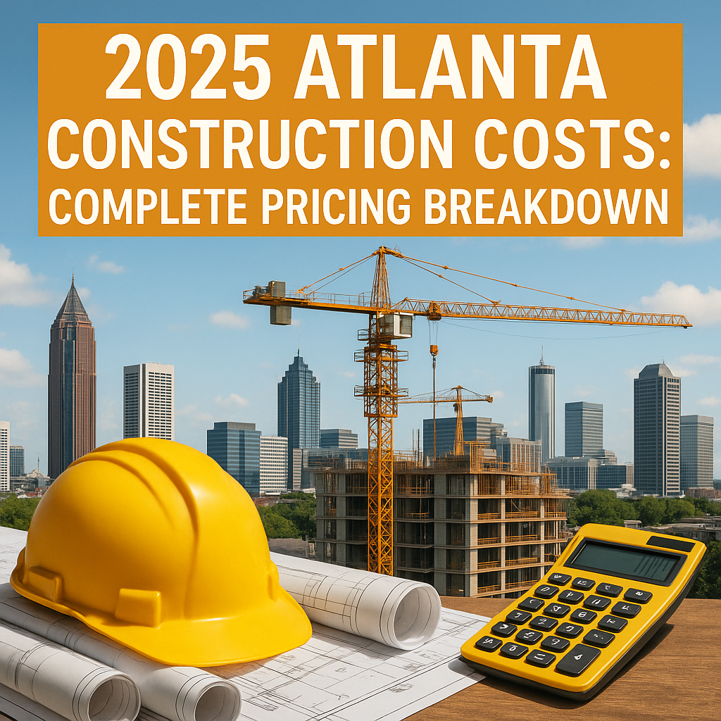Graphical breakdown of 2025 Atlanta construction costs with city skyline, construction site, hard hat, blueprints, and calcul