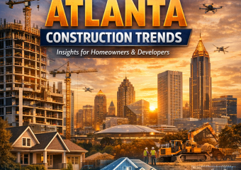 Illustration of modern construction sites in Atlanta, with futuristic buildings and cranes, highlighting urban development fo