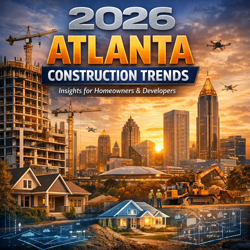 Illustration of modern construction sites in Atlanta, with futuristic buildings and cranes, highlighting urban development fo