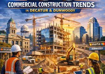Construction site with workers and cranes in Decatur and Dunwoody, highlighting 2026 commercial trends.