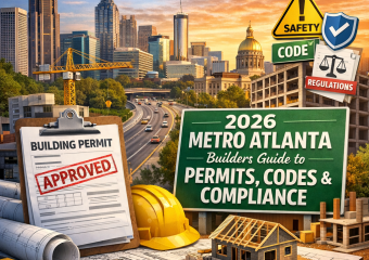 Cover of "2026 Metro Atlanta Builders Guide" featuring a city skyline and text about building permits.
