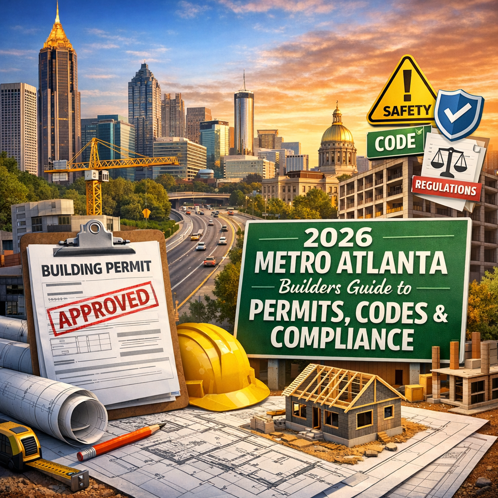 Cover of "2026 Metro Atlanta Builders Guide" featuring a city skyline and text about building permits.