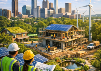 Atlanta construction site with sustainable features like solar panels and wind turbines against a city skyline.