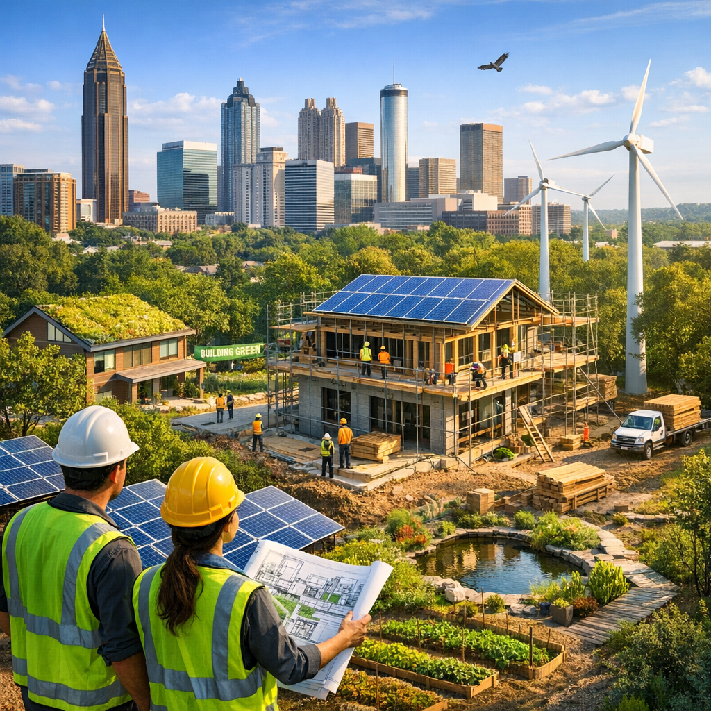Atlanta construction site with sustainable features like solar panels and wind turbines against a city skyline.