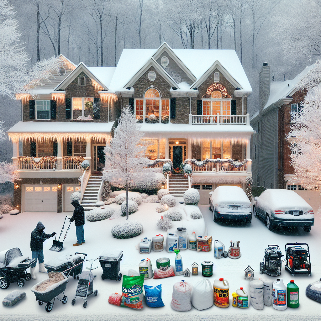 Snow-covered luxury house with winter maintenance tools and supplies arranged in front for Atlanta winter weather checklist.