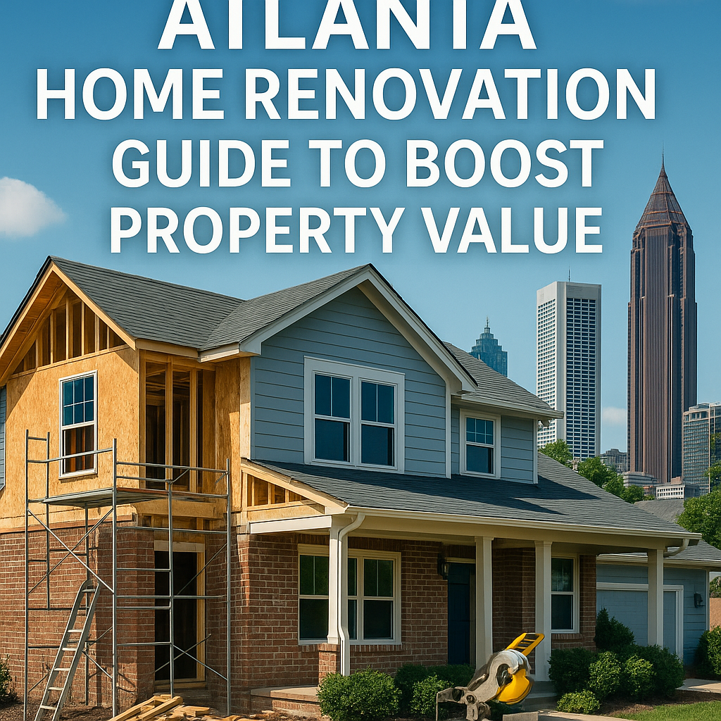 Illustration of a home renovation guide with Atlanta skyline in the background.