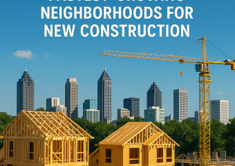 New construction homes in Atlanta with a crane and city skyline in the background.