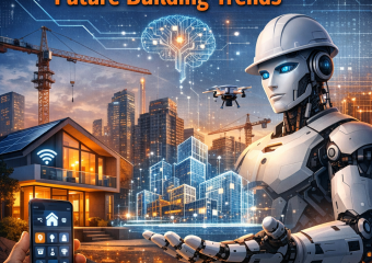 Illustration of a futuristic smart home being constructed with AI technology and automation.