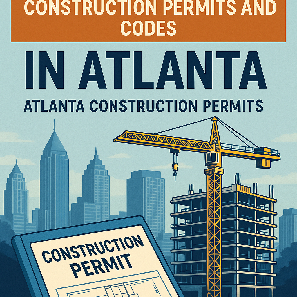 Illustration of a blueprint with text about construction permits and codes in Atlanta.