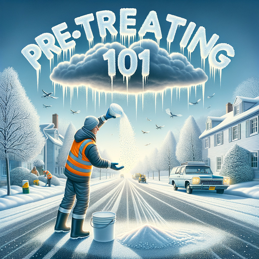 Winter road worker spreading salt on icy street for pre-treating roads before storm, snowy scene with "Pre-Treating 101" text