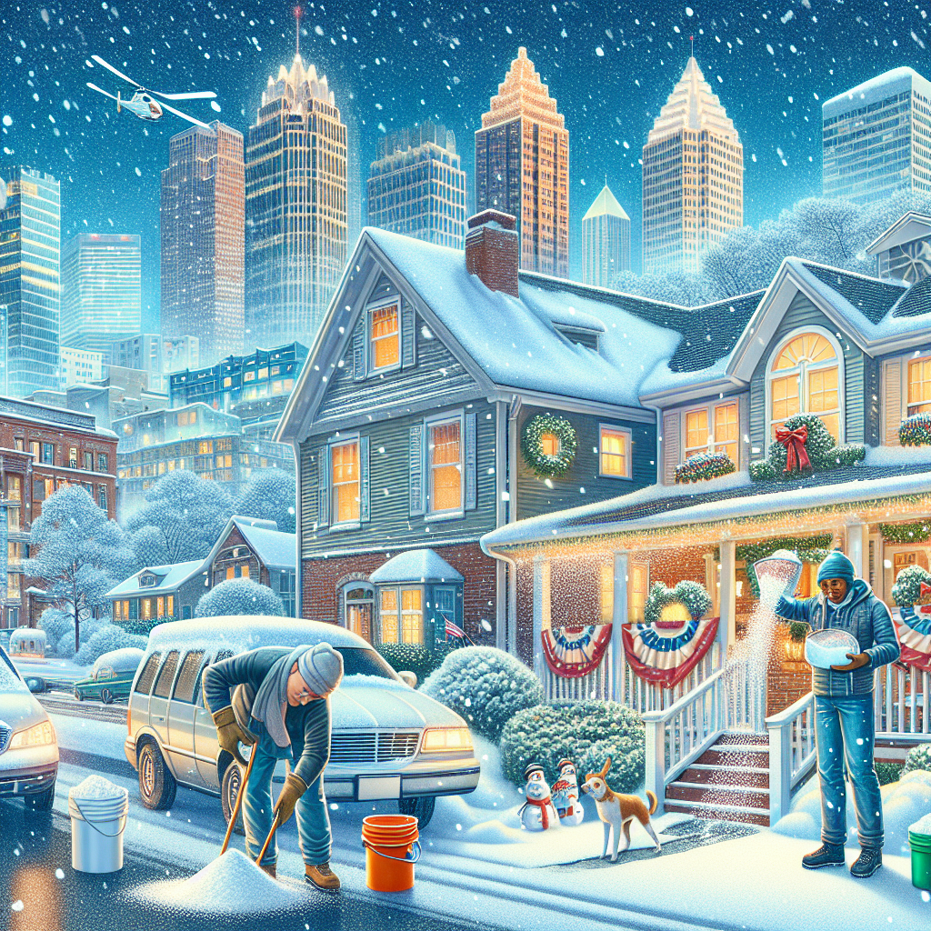 Snow-covered Atlanta suburb with holiday decorations, people shoveling, highlighting salt vs ice melt solutions.