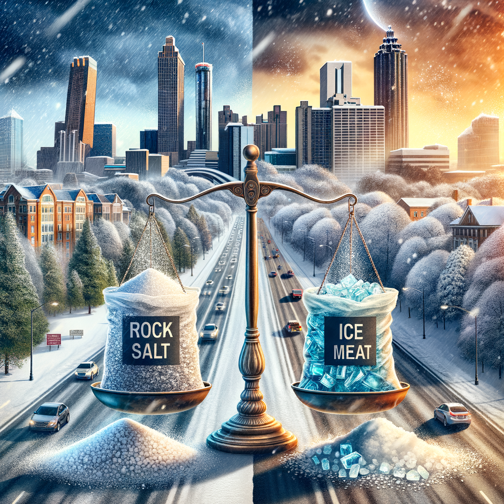 Scales balancing rock salt and ice melt with snowy Atlanta cityscape in the background, showing warm and cold tones.