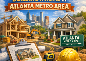 Illustration of construction tools on blueprints with Atlanta skyline in the background.