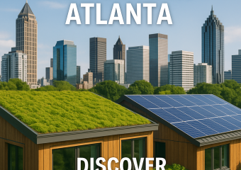Modern sustainable building in Atlanta with green roofing and solar panels.