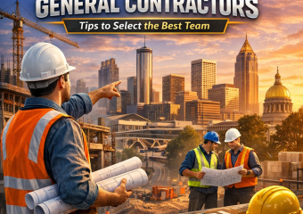 Atlanta general contractors discussing plans with city skyline in the background.