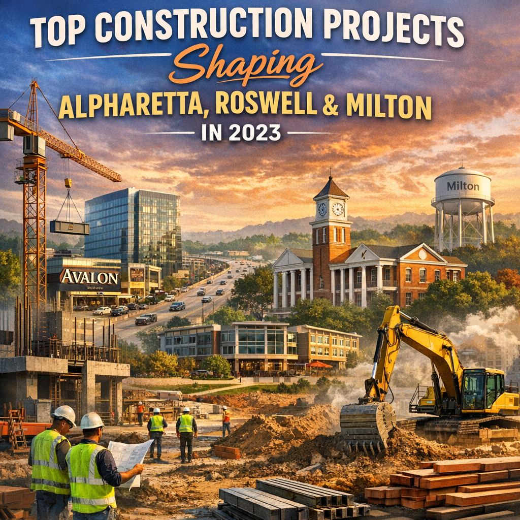 Cranes and workers on construction sites in Alpharetta, depicting ongoing major projects for 2023.