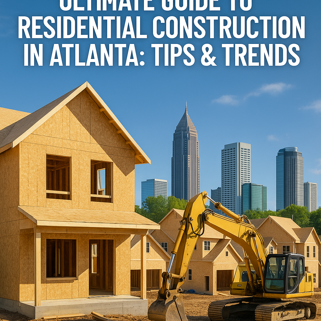 Construction site with new homes in progress and Atlanta skyline in the background.