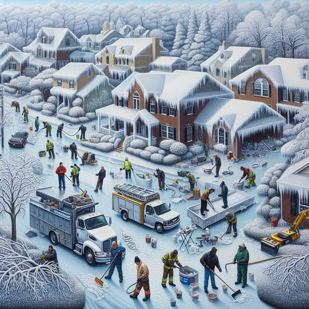 Winter scene shows people shoveling snow and utility trucks clearing roads during an ice storm.