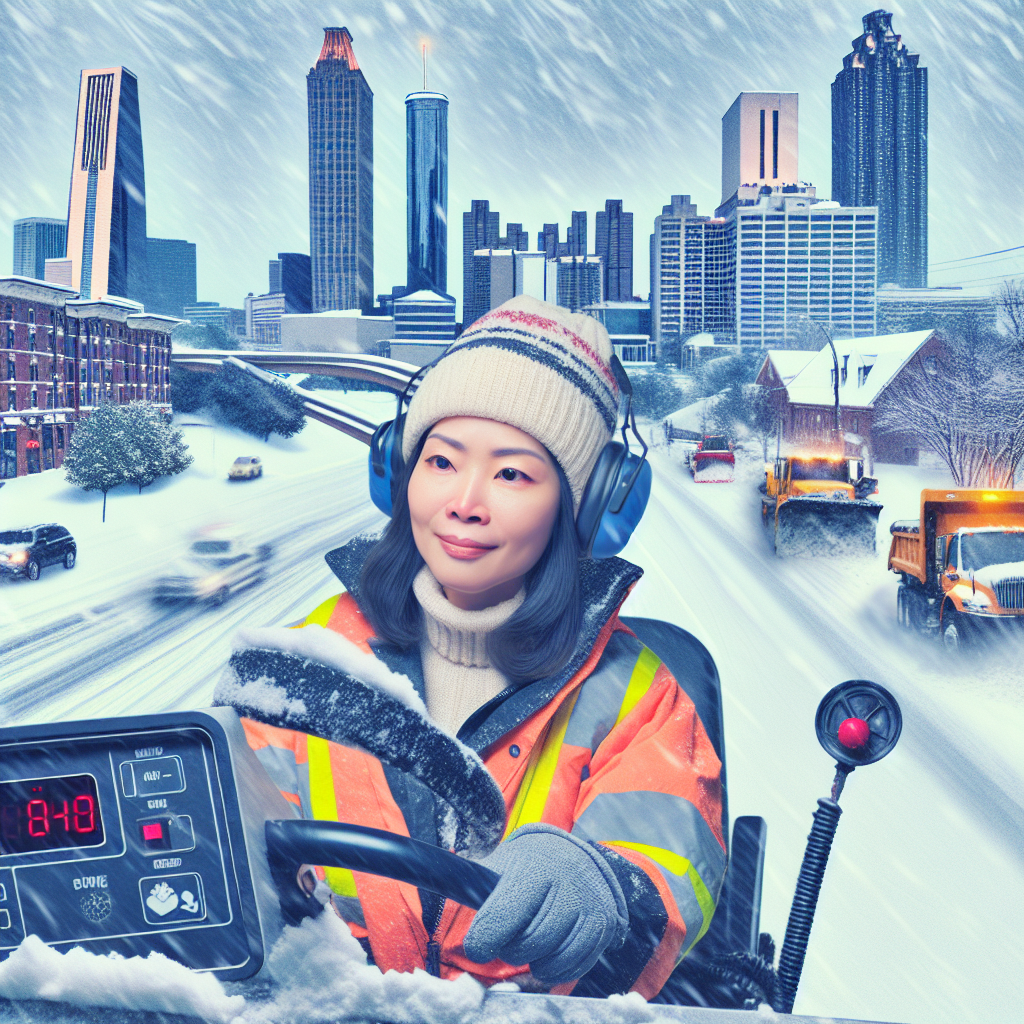 Woman snowplow driver clearing snow-covered Atlanta city street during winter storm.