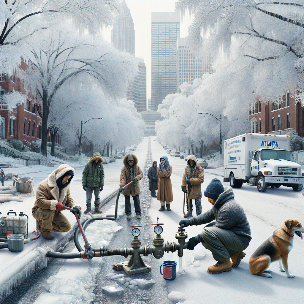 Workers repairing a frozen water pipe on a snowy Atlanta street during winter water restoration after an ice storm.