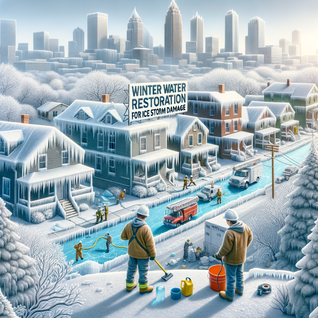 Snow-covered houses in Atlanta with workers restoring water damage after an ice storm in winter.