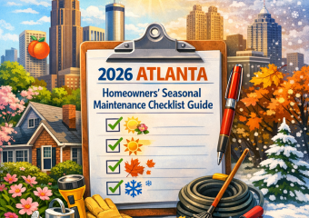 Cover of "2026 Atlanta Homeowners' Seasonal Maintenance Checklist Guide" featuring four icons for each season.
