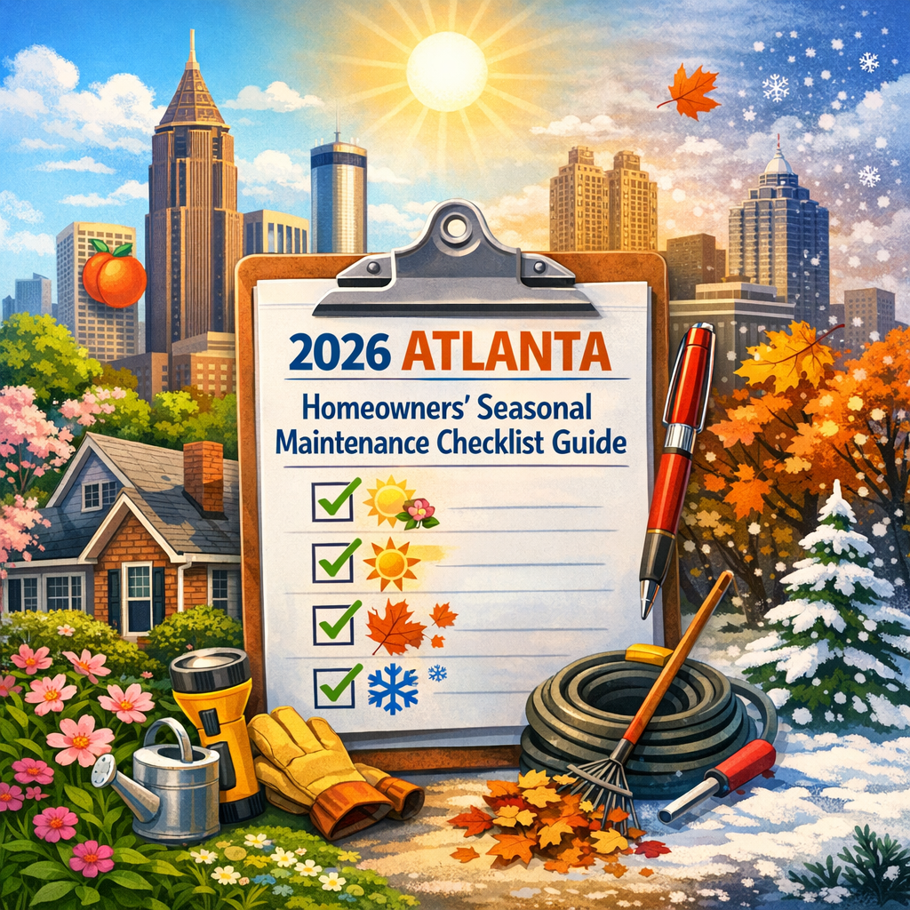 Cover of "2026 Atlanta Homeowners' Seasonal Maintenance Checklist Guide" featuring four icons for each season.