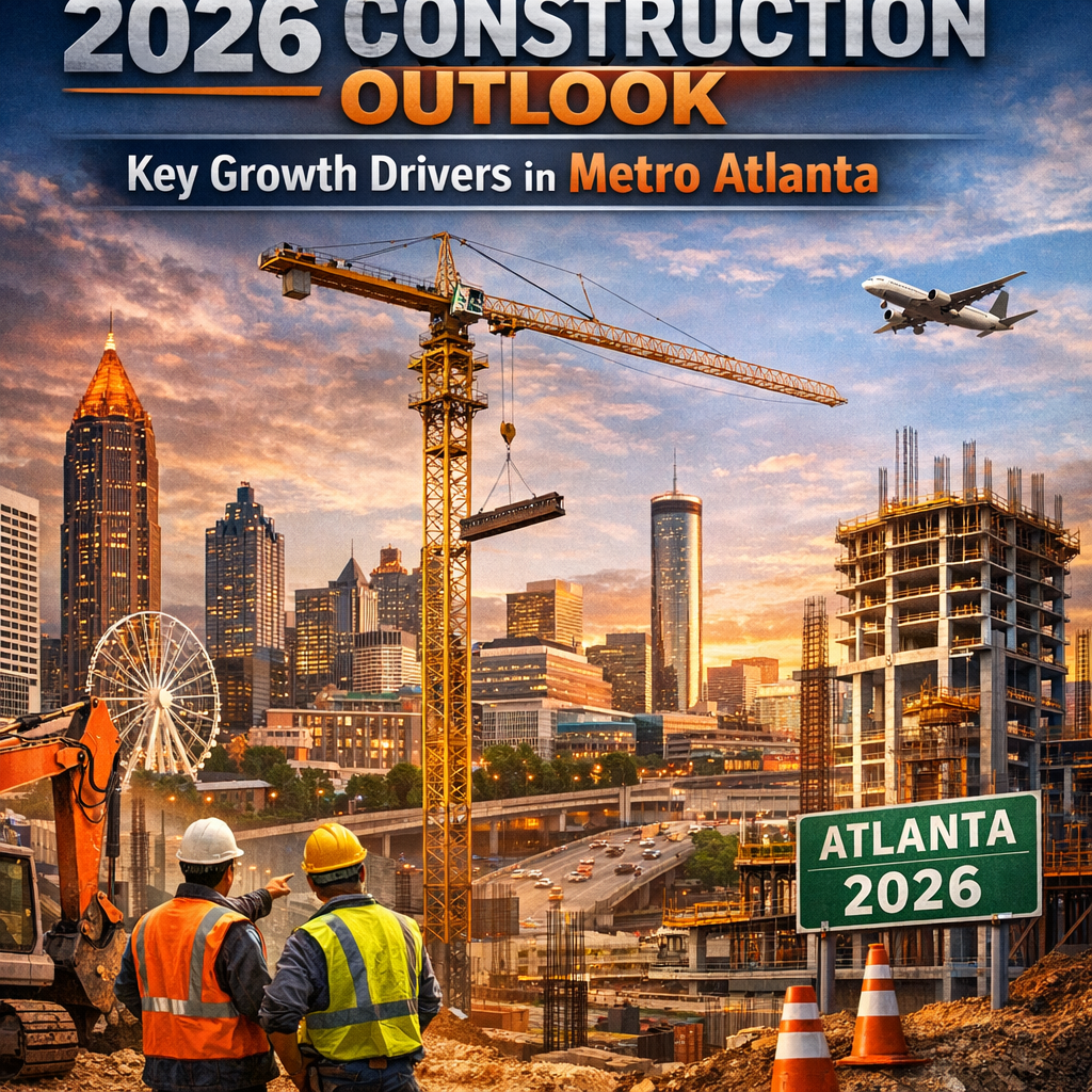 Illustration of Atlanta skyline with construction cranes symbolizing 2026 construction growth.