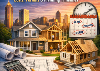 Blueprints and a calculator on a desk, symbolizing home addition planning in Atlanta.
