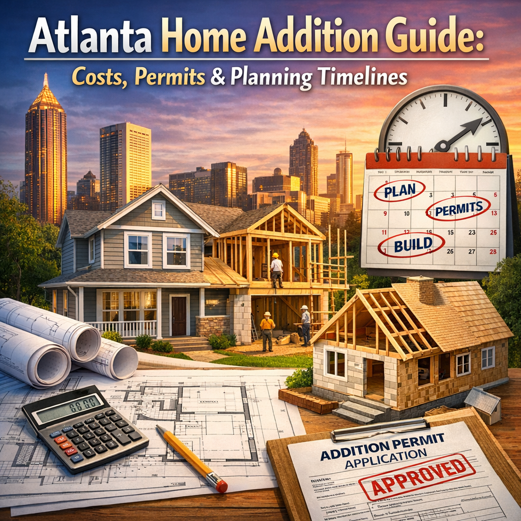 Blueprints and a calculator on a desk, symbolizing home addition planning in Atlanta.