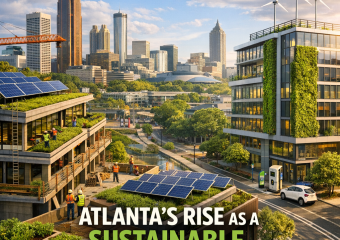 Atlanta skyline featuring sustainable commercial buildings with solar panels.