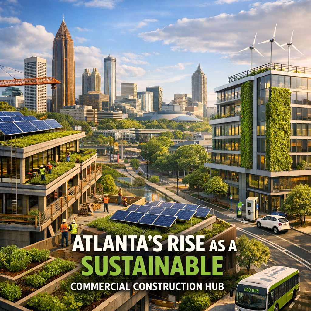 Atlanta skyline featuring sustainable commercial buildings with solar panels.