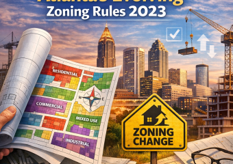 Cityscape of Atlanta with overlaid zoning map, highlighting 2023 zoning changes for developers.