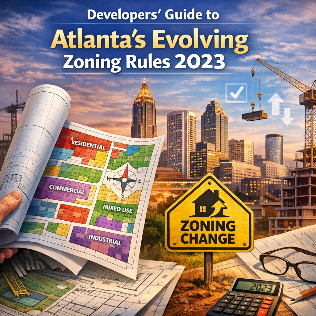 Cityscape of Atlanta with overlaid zoning map, highlighting 2023 zoning changes for developers.