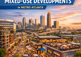Aerial view of Metro Atlanta showing mixed-use developments with residential, commercial, and entertainment areas.