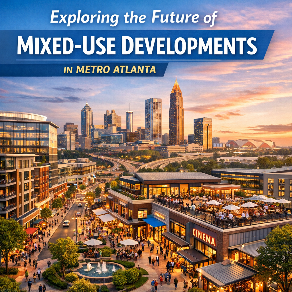 Aerial view of Metro Atlanta showing mixed-use developments with residential, commercial, and entertainment areas.