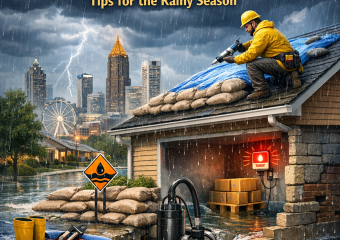 Graphic of a house surrounded by rain with icons showing gutters, roof repairs, and water barriers for Atlanta water damage p