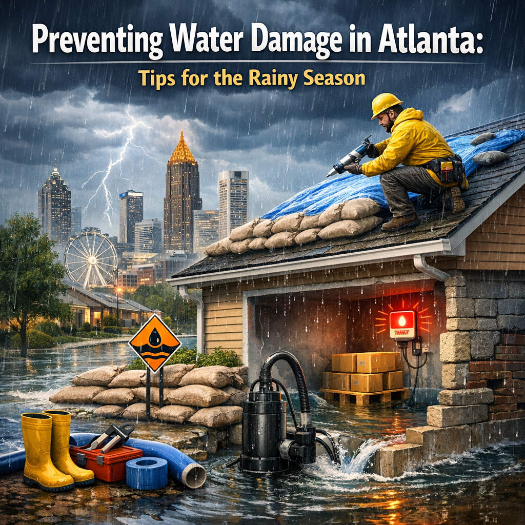 Graphic of a house surrounded by rain with icons showing gutters, roof repairs, and water barriers for Atlanta water damage p