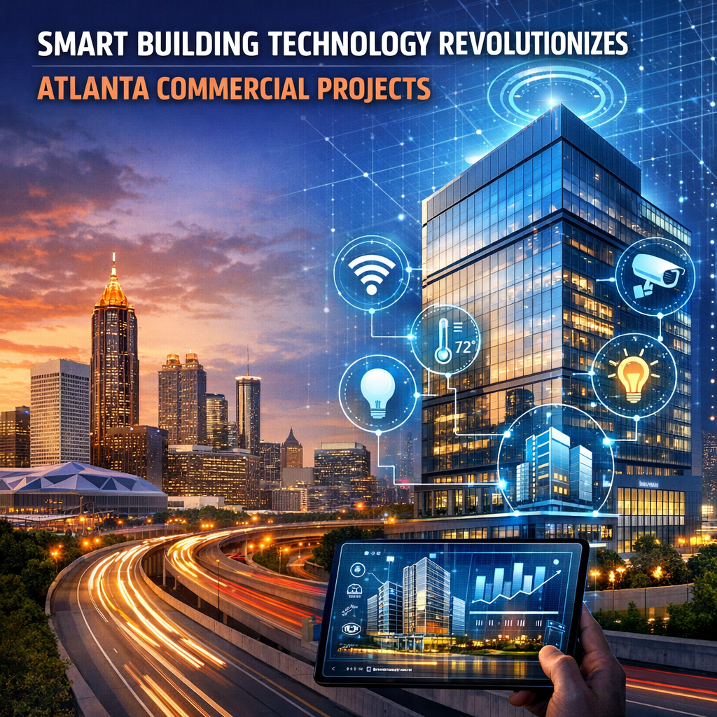 Skyline of Atlanta with modern commercial buildings highlighted by digital overlays showing smart technology features.