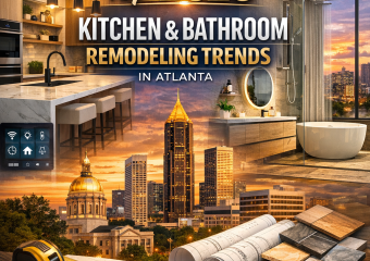 Modern kitchen and bathroom with futuristic design elements and Atlanta cityscape in the background.