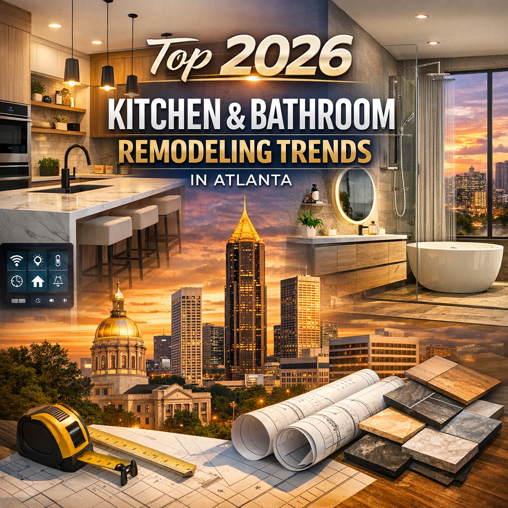 Modern kitchen and bathroom with futuristic design elements and Atlanta cityscape in the background.