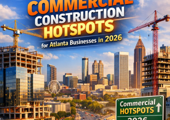 Map highlighting Atlanta's commercial construction hotspots with city skyline and cranes.