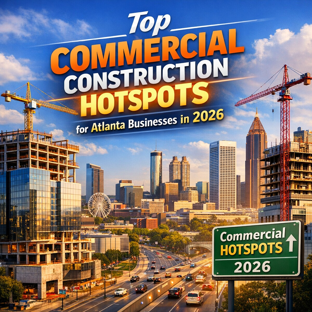 Map highlighting Atlanta's commercial construction hotspots with city skyline and cranes.