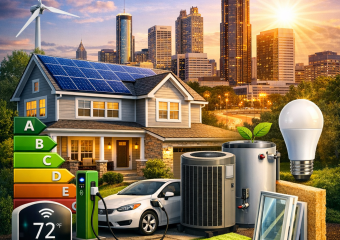 An eco-friendly smart home with solar panels, an electric car, and energy-efficient appliances in an urban setting.