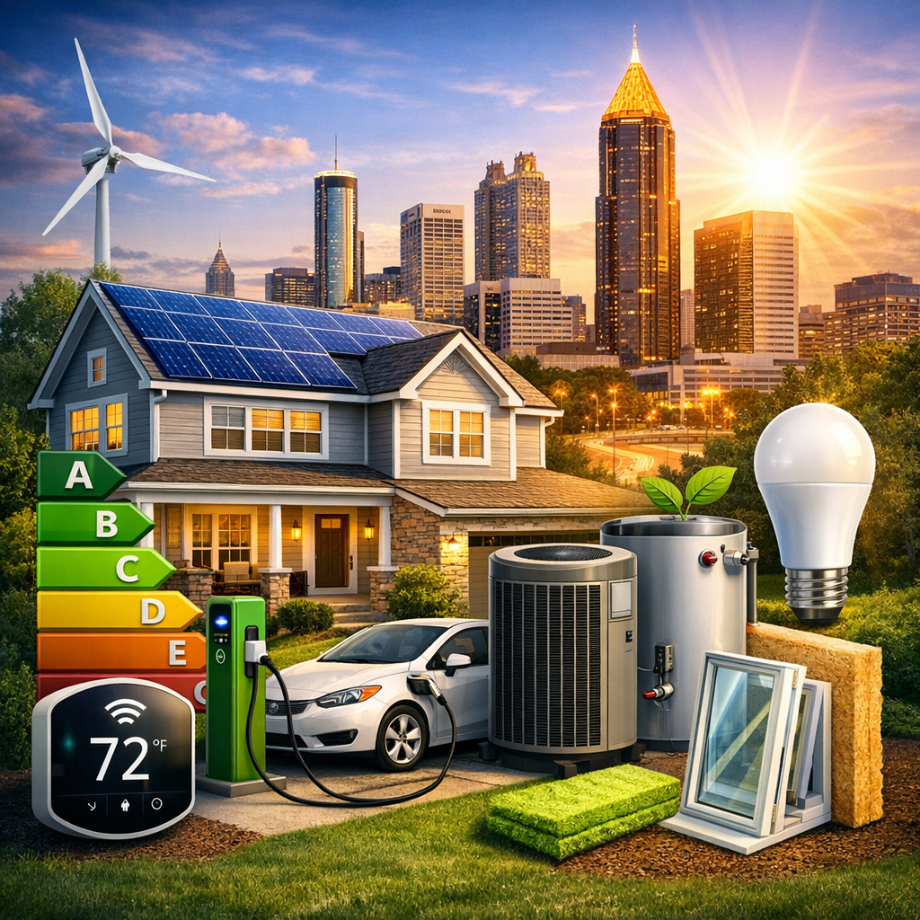 An eco-friendly smart home with solar panels, an electric car, and energy-efficient appliances in an urban setting.