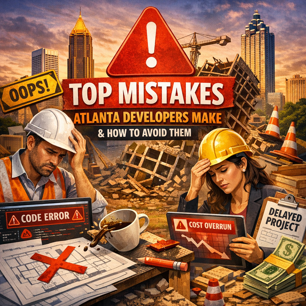 Blueprints with highlighted errors on a desk, symbolizing common mistakes made by Atlanta developers in construction.