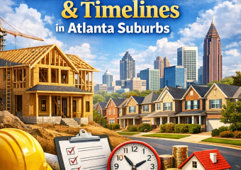 Blueprints and architectural plans rolled out with a calculator and hard hat, denoting building planning in the Atlanta subur