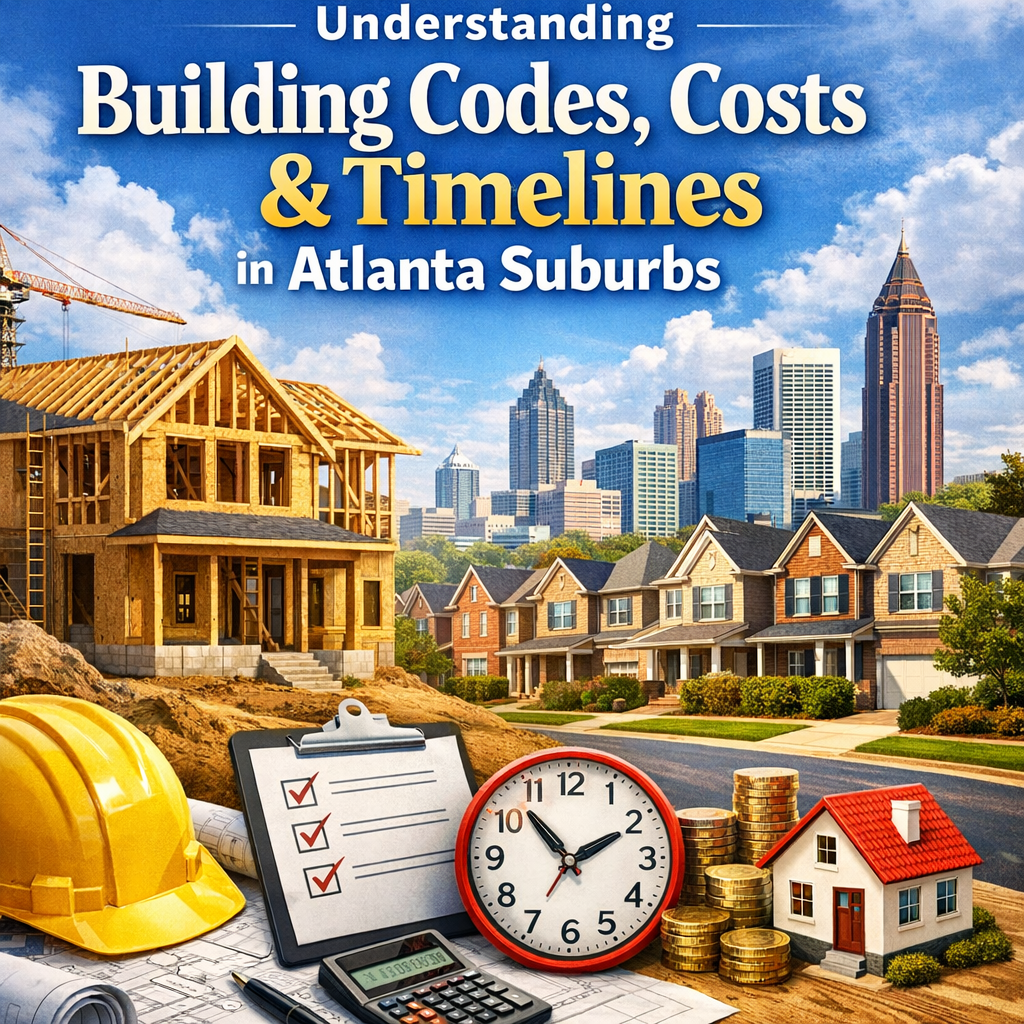 Blueprints and architectural plans rolled out with a calculator and hard hat, denoting building planning in the Atlanta subur