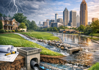 "Diagram illustrating stormwater management in an urban Atlanta landscape for effective drainage design."