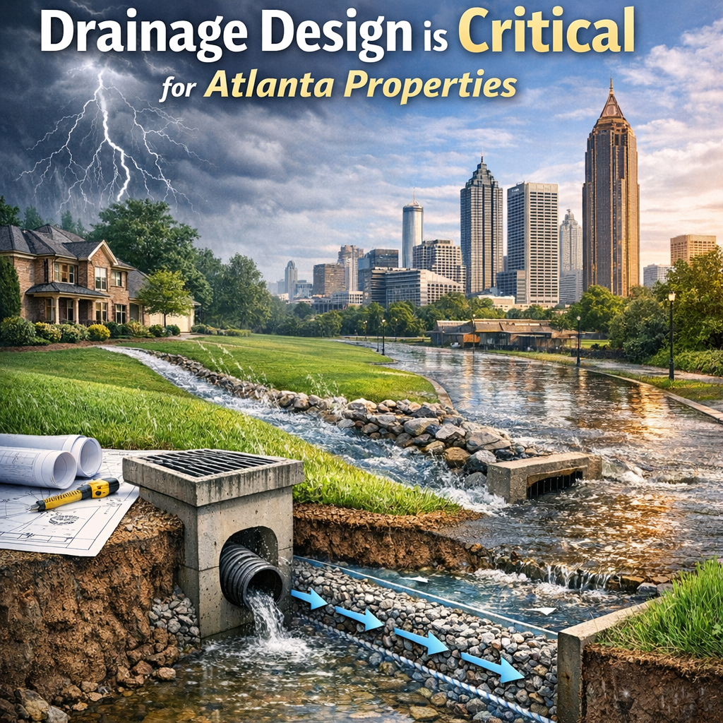 "Diagram illustrating stormwater management in an urban Atlanta landscape for effective drainage design."
